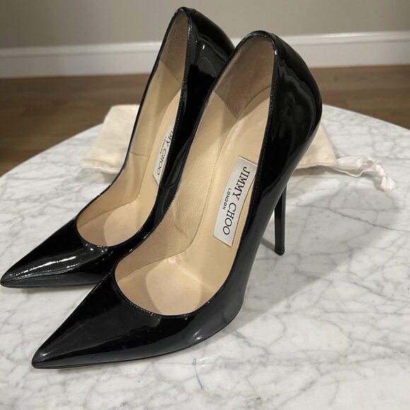 Jimmy Choo Anouk Stiletto Heel Pumps Patent Leather Black Pointed Toe - Picture 3 of 9